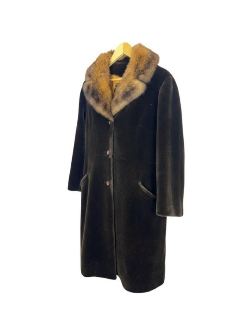 Vintage Tissavel France Dark Brown Faux Fur Coat with Tan Fur Collar Size M/L